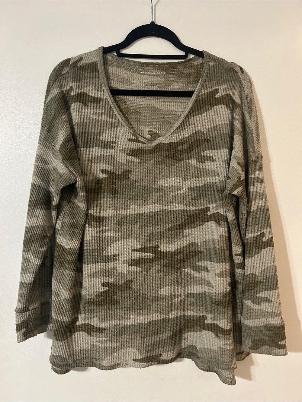 American Eagle Outfitters Olive Green Camo Waffle Knit V-Neck Top